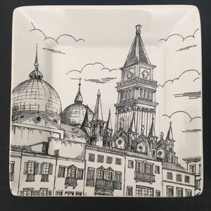 Set of 4 Dessert Plates 222 Fifth City Scenes Black & White Porcelain NEW